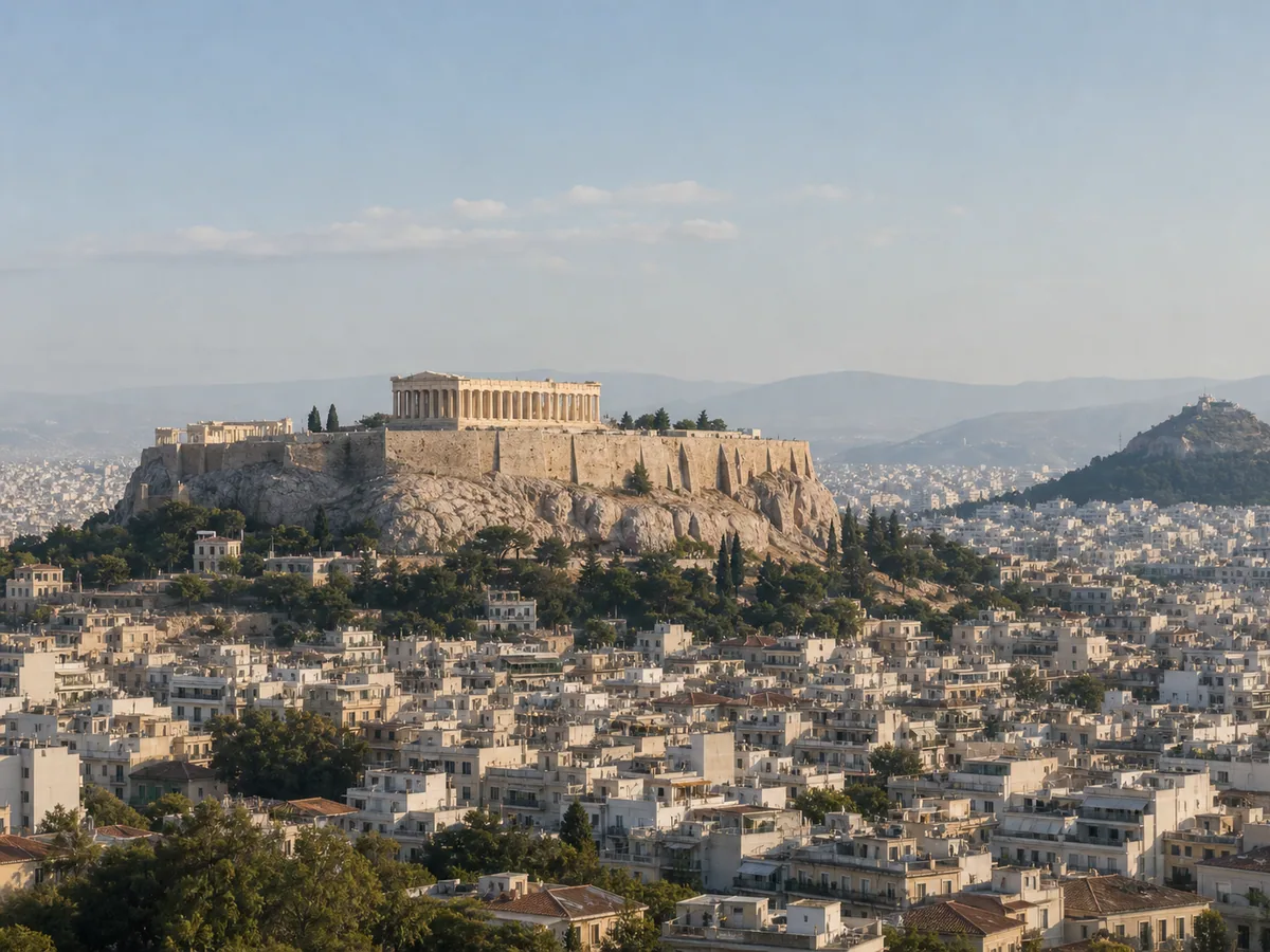 Athens cityscape with the Acropolis above the surrounding neighbourhoods