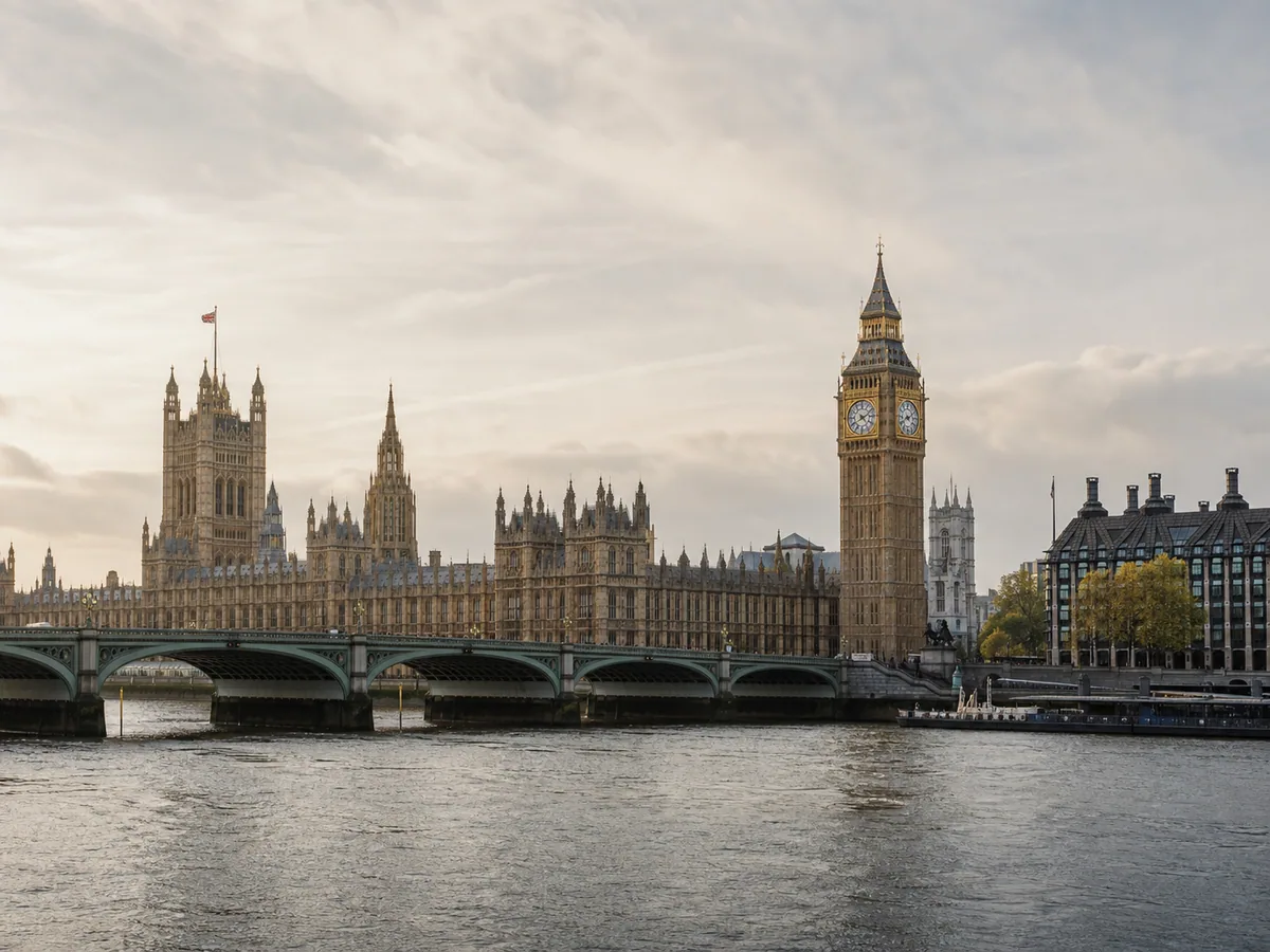 London’s Elizabeth Tower and Parliament viewed across the River Thames
