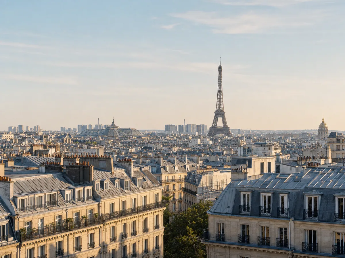 Paris rooftops and the Eiffel Tower in soft morning light
