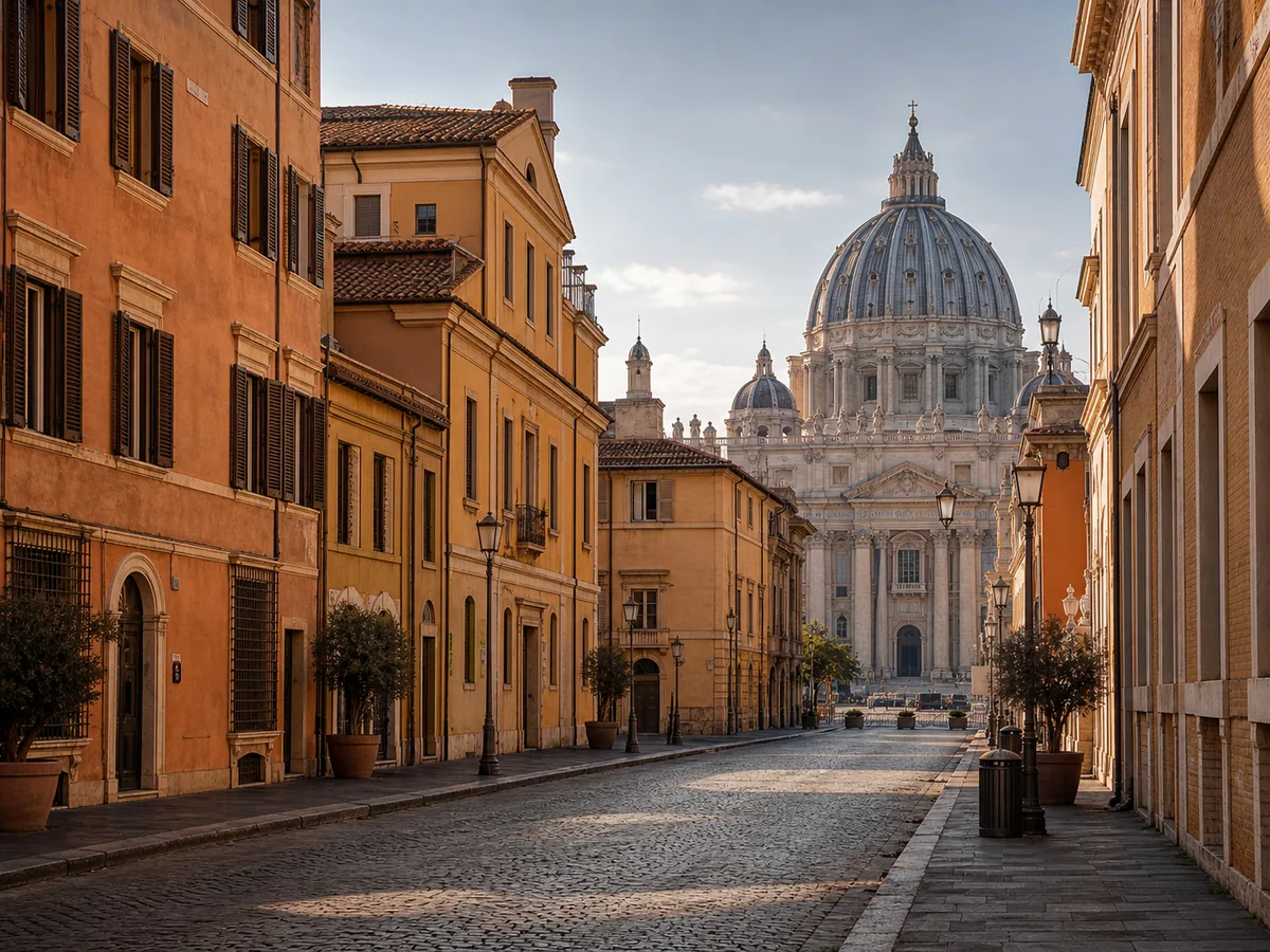 A warm Roman street leading towards the dome of St Peter’s Basilica