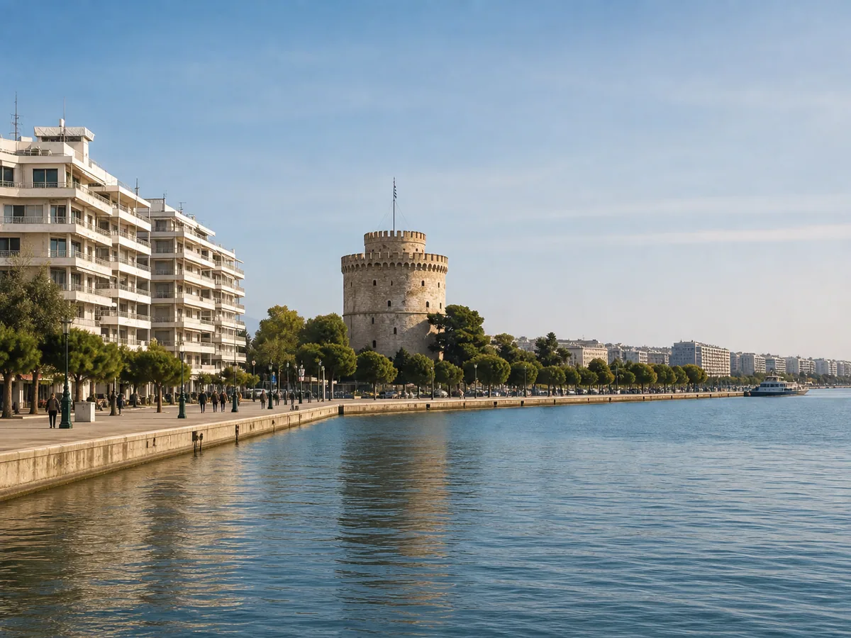 Thessaloniki waterfront with the White Tower beside the sea