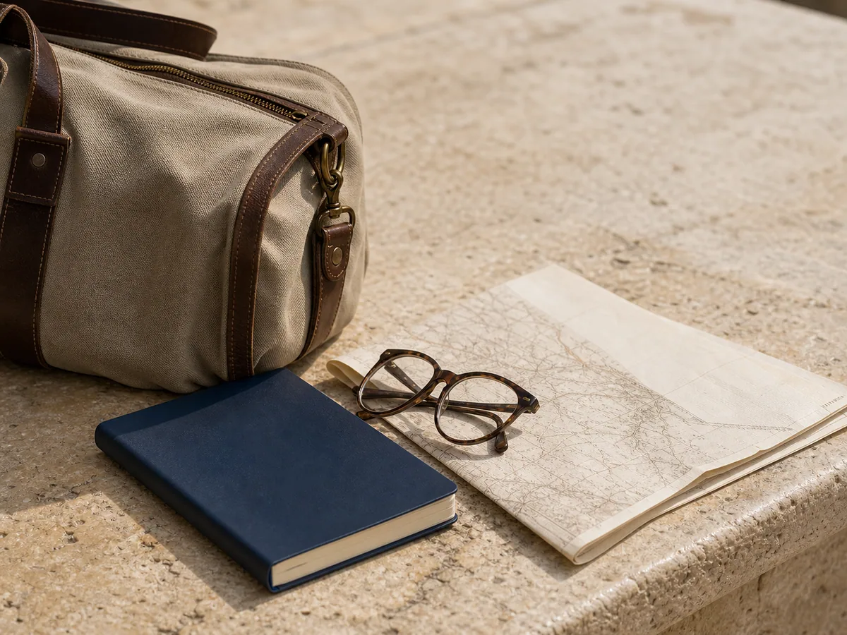 Travel planning items arranged on a warm stone surface